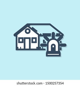 Blue line Smart house and alarm icon isolated on blue background. Security system of smart home.  Vector Illustration