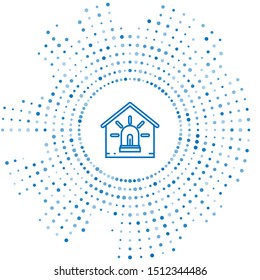 Blue line Smart house and alarm icon isolated on white background. Security system of smart home. Abstract circle random dots. Vector Illustration