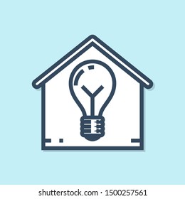 Blue line Smart house and light bulb icon isolated on blue background.  Vector Illustration