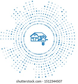 Blue line Smart house and light bulb icon isolated on white background. Abstract circle random dots. Vector Illustration