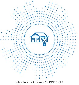 Blue line Smart house and light bulb icon isolated on white background. Abstract circle random dots. Vector Illustration