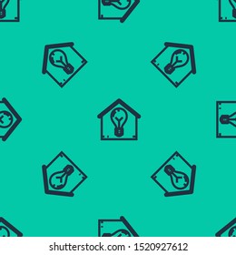 Blue line Smart house and light bulb icon isolated seamless pattern on green background.  Vector Illustration