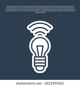 Linha azul ícone do sistema de lâmpada inteligente isolado no fundo azul. Símbolo de energia e ideia. Conceito de Internet das coisas com conexão sem fio.  Vetor