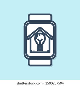Blue line Smart watch with smart house and light bulb icon isolated on blue background.  Vector Illustration
