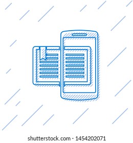 Blue line Smartphone and book icon isolated on white background. Online learning or e-learning concept.  Vector Illustration
