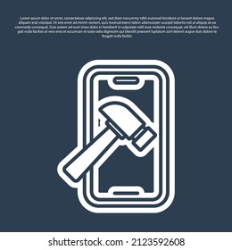 Blue line Smartphone with broken screen icon isolated on blue background. Shattered phone screen icon.  Vector