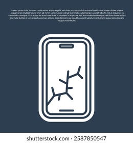 Blue line Smartphone with broken screen icon isolated on blue background. Shattered phone screen icon.  Vector