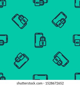 Blue line Smartphone with closed padlock icon isolated seamless pattern on green background. Phone with lock. Mobile security, safety, protection concept.  Vector Illustration