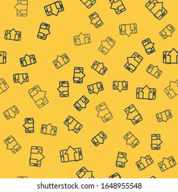Blue line Smartphone, mobile phone icon isolated seamless pattern on yellow background.  Vector Illustration