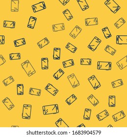 Blue line Smartphone, mobile phone icon isolated seamless pattern on yellow background.  Vector Illustration