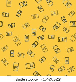 Blue line Smartphone, mobile phone icon isolated seamless pattern on yellow background.  Vector Illustration