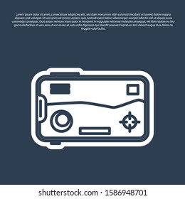 Blue line Smartphone and playing in game icon isolated on blue background. Mobile gaming concept.  Vector Illustration