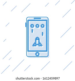 Blue line Smartphone and playing in game icon isolated on white background. Mobile gaming concept.  Vector Illustration