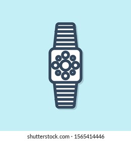 Blue line Smartwatch icon isolated on blue background.  Vector Illustration