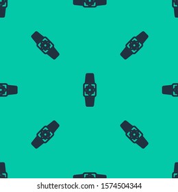 Blue line Smartwatch icon isolated seamless pattern on green background.  Vector Illustration