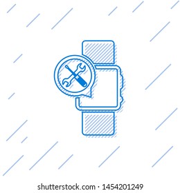 Blue line Smartwatch with screwdriver and wrench icon isolated on white background. Adjusting, service, setting, maintenance, repair, fixing.  Vector Illustration