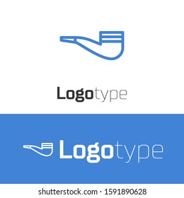 Blue line Smoking pipe with smoke icon isolated on white background. Tobacco pipe. Logo design template element. Vector Illustration
