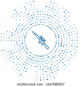 Blue line Sniper rifle with scope icon isolated on white background. Abstract circle random dots. Vector Illustration