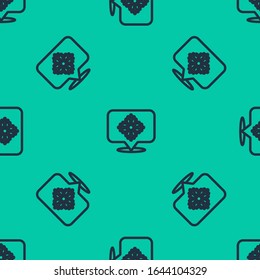 Blaue Linie Schneeflocke mit Sprechblase Symbol einzeln auf grünem Hintergrund. Frohe Weihnachten und glückliches neues Jahr. Vektorillustration-Illustration