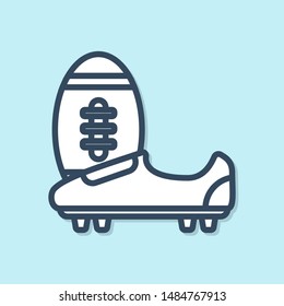 Blue line Soccer or football shoes with spikes icon isolated on blue background. American football boot and ball.  Vector Illustration