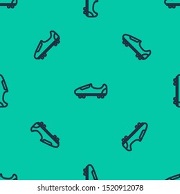 Blue line Soccer or football shoes with spikes icon isolated seamless pattern on green background. American football boot.  Vector Illustration