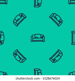 Blue line Sofa icon isolated seamless pattern on green background.  Vector Illustration