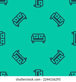 Blue line Sofa icon isolated seamless pattern on green background.  Vector