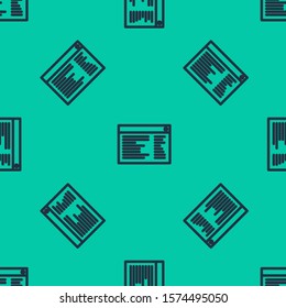 Blue line Software, web developer programming code icon isolated seamless pattern on green background. Javascript computer script random parts of program code.  Vector Illustration