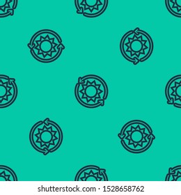 Blue line Solar energy panel icon isolated seamless pattern on green background. Sun with lightning symbol.  Vector Illustration