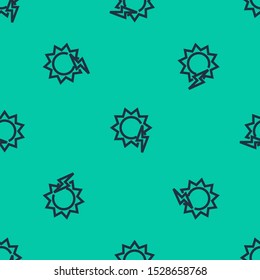 Blue line Solar energy panel icon isolated seamless pattern on green background. Sun with lightning symbol.  Vector Illustration