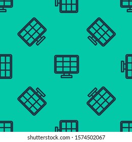 Blue line Solar energy panel icon isolated seamless pattern on green background.  Vector Illustration