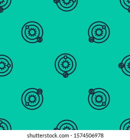 Blue line Solar system icon isolated seamless pattern on green background. The planets revolve around the star.  Vector Illustration