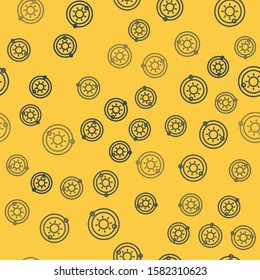 Blue line Solar system icon isolated seamless pattern on yellow background. The planets revolve around the star.  Vector Illustration