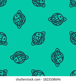 Blue line Space capsule returning to earth via parachute icon isolated seamless pattern on green background.  Vector Illustration
