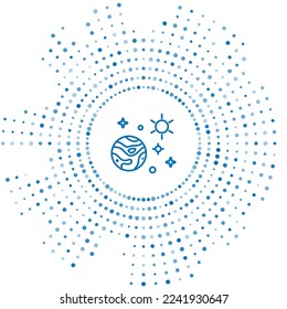 Blue line Space and planet icon isolated on white background. Planets surface with craters, stars and comets. Abstract circle random dots. Vector Illustration