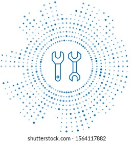 Blue line Spanner icon isolated on white background. Abstract circle random dots. Vector Illustration