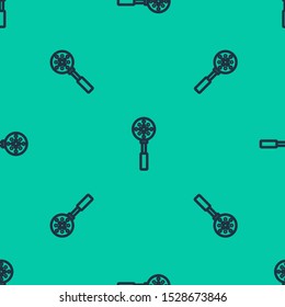 Blue line Spatula icon isolated seamless pattern on green background. Kitchen spatula icon. BBQ spatula sign. Barbecue and grill tool.  Vector Illustration