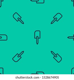 Blue line Spatula icon isolated seamless pattern on green background. Kitchen spatula icon. BBQ spatula sign. Barbecue and grill tool.  Vector Illustration