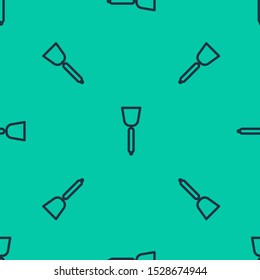 Blue line Spatula icon isolated seamless pattern on green background. Kitchen spatula icon. BBQ spatula sign. Barbecue and grill tool.  Vector Illustration