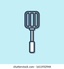 Blue line Spatula icon isolated on blue background. Kitchen spatula icon. BBQ spatula sign. Barbecue and grill tool.  Vector Illustration