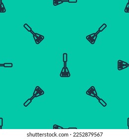 Blue line Spatula icon isolated seamless pattern on green background. Kitchen spatula icon. BBQ spatula sign. Barbecue and grill tool.  Vector