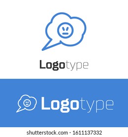 Blue line Speech bubble with angry smile icon isolated on white background. Emoticon face. Logo design template element. Vector Illustration
