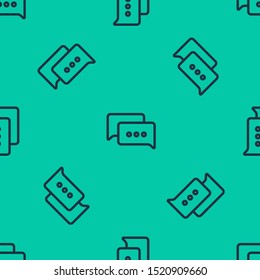 Blue line Speech bubble chat icon isolated seamless pattern on green background. Message icon. Communication or comment chat symbol.  Vector Illustration