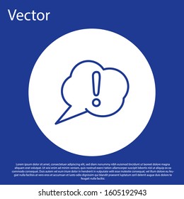 Blue line Speech bubble and Exclamation icon isolated on blue background. FAQ sign. Copy files, chat speech bubble and chart. White circle button. Vector Illustration