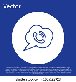 Blue line Speech bubble with phone call icon isolated on blue background. White circle button. Vector Illustration