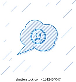 Blue line Speech bubble with sad smile icon isolated on white background. Emoticon face.  Vector Illustration