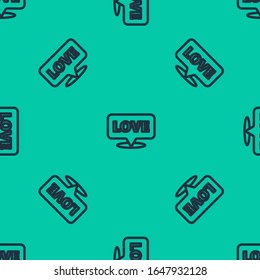 Blue line Speech bubble with text love icon isolated seamless pattern on green background. Valentines day.  Vector Illustration