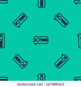 Blue line Speech bubble with text I love you icon isolated seamless pattern on green background. 8 March. International Happy Women Day.  Vector Illustration