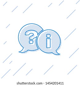 Blue line Speech bubbles with Question and Exclamation icon isolated on white background. FAQ sign. Copy files, chat speech bubble and chart.  Vector Illustration