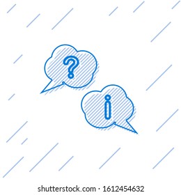 Blue line Speech bubbles with Question and Exclamation icon isolated on white background. FAQ sign. Copy files, chat speech bubble and chart.  Vector Illustration